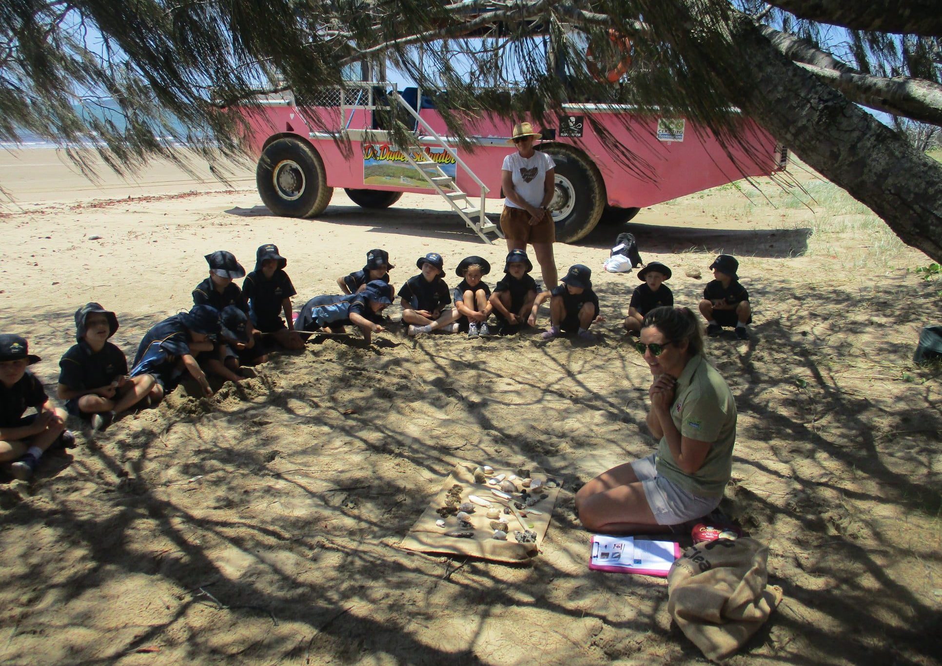 A group of school children sit on the beach in a circle , under the shade of some casurina trees. They listen to the LARC tour guide who has native flora examples laid on the ground to show the children. The LARC is parked behind them.