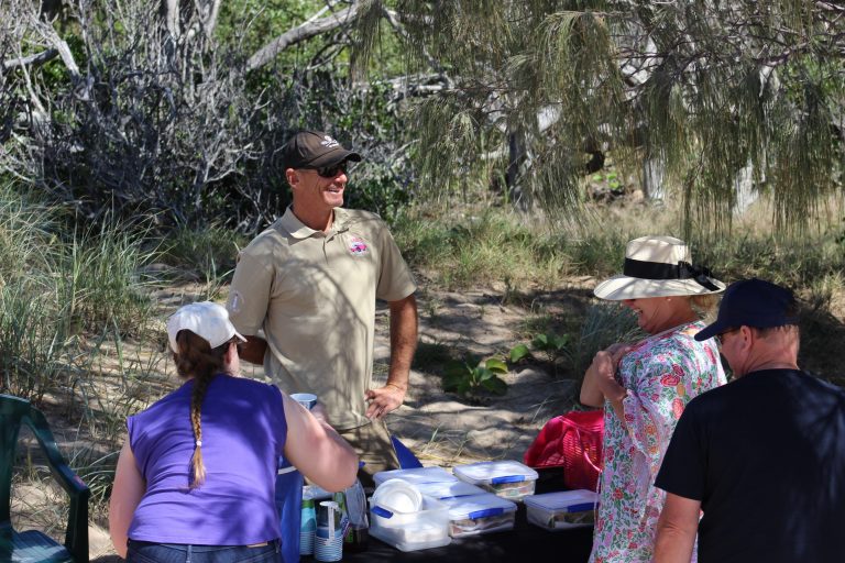 LARC Skipper and three customers having lunch under the shade of the trees for the LARC + Lunch tour.