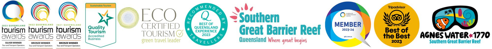 Logos, Tourism awards, eco certified tourism, best of Queensland experience 2022, Southern Great barrier reef. Travellers choice.