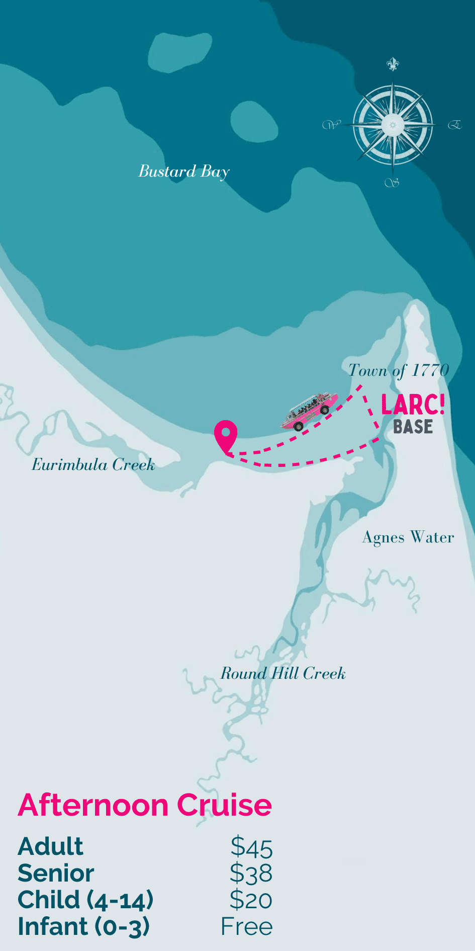 A map of Bustard Bay and the key locations of the afternoon cruise tour. Pricing Adult $45 Senior $38 Child (4-14) $20 Infant (0-3) Free